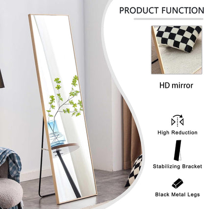 Wooden Full Length Mirror,Floor Mirror with Standing Holder Leaning/Hanging Mirror Wood Frame Large Wall-Mounted Mirror for Bedroom/Living Room,Light Oak (60x17.3)