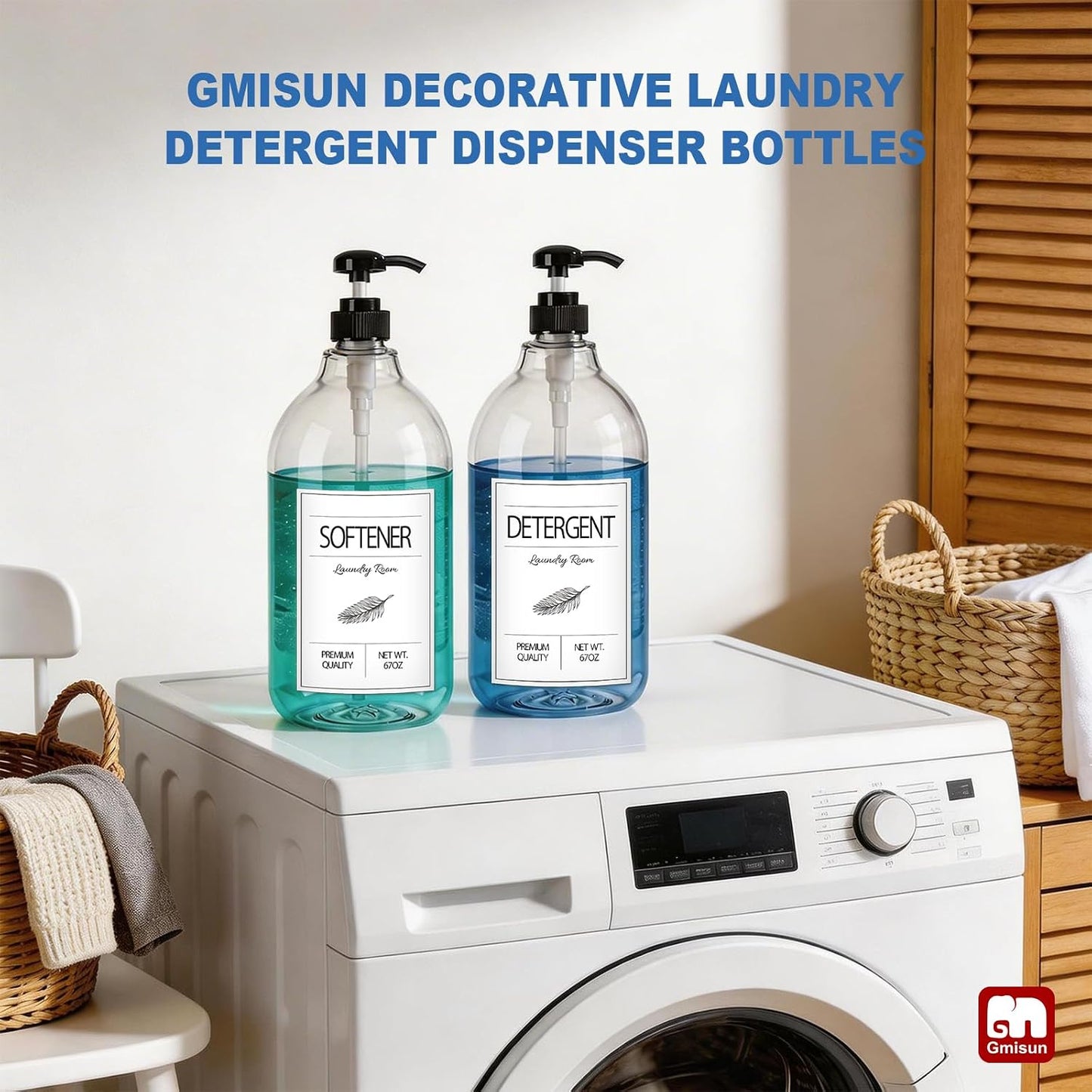 GMISUN Laundry Detergent Soap Dispenser, Liquid Laundry Detergent Dispenser, Container for Farmhouse Laundry Room Decor, Organizer for Liquid SoftenerBleach Heavy Duty Plastic Bottle(64 Oz 3 Pack)