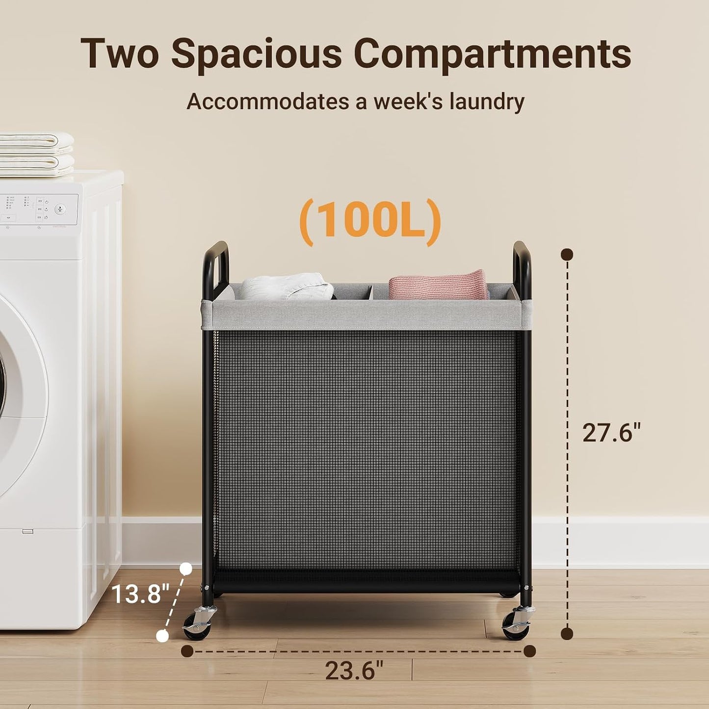 ELYKEN Laundry Hamper 3 Section, 120L Rolling Laundry Sorter with Removable Liner Bag, Laundry Basket with Wheels, Steel Frame with Metal Handle, Clothes Hamper Cart for Laundry Room & Bedroom