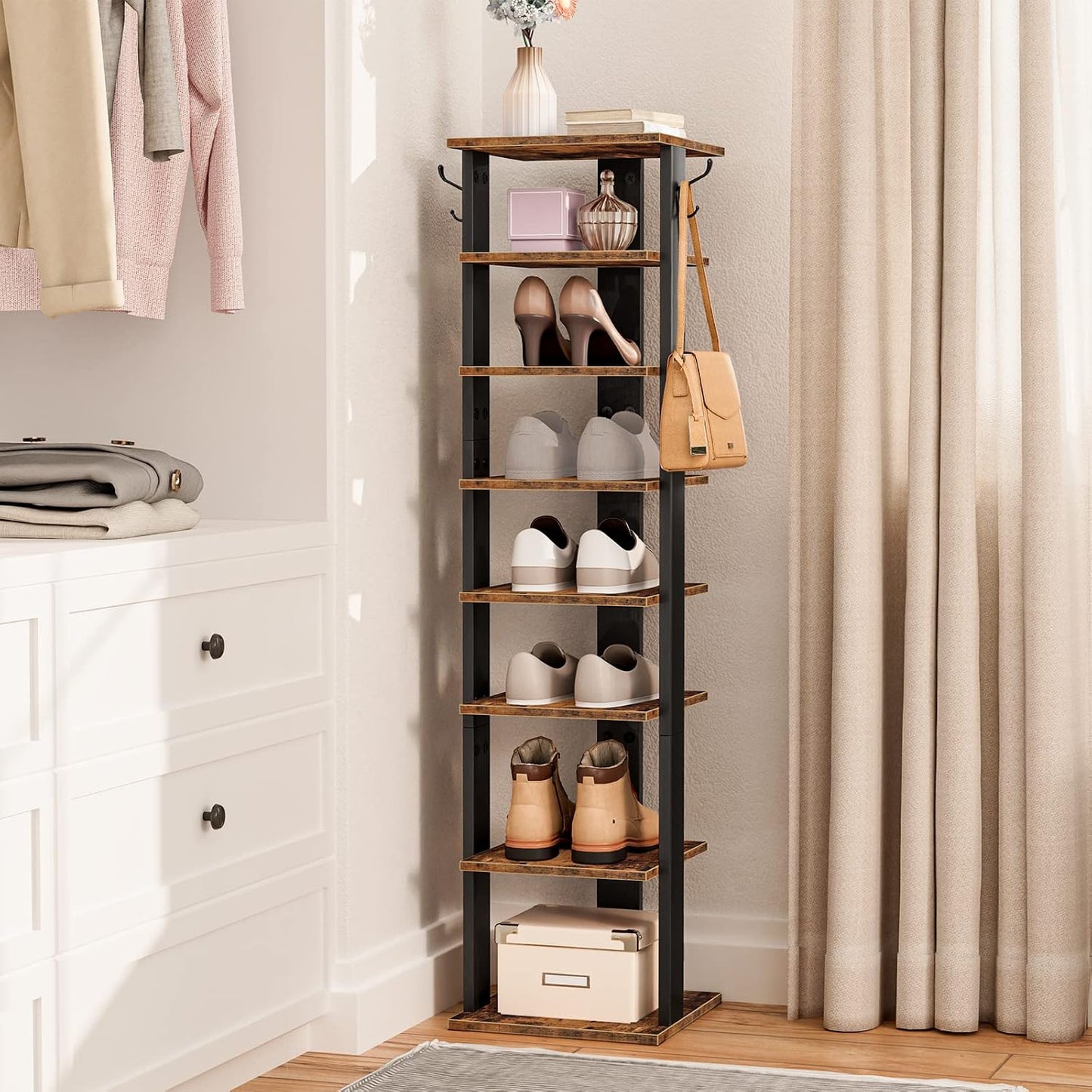 HOOBRO 8 Tiers Vertical Shoe Rack, Wooden Shoe Storage Organizer with Hooks, Narrow Shoe Tower for 8 Pairs, Space Saving, for Entryway, Living Room, Bedroom, Rustic Brown BF07XJ01G1