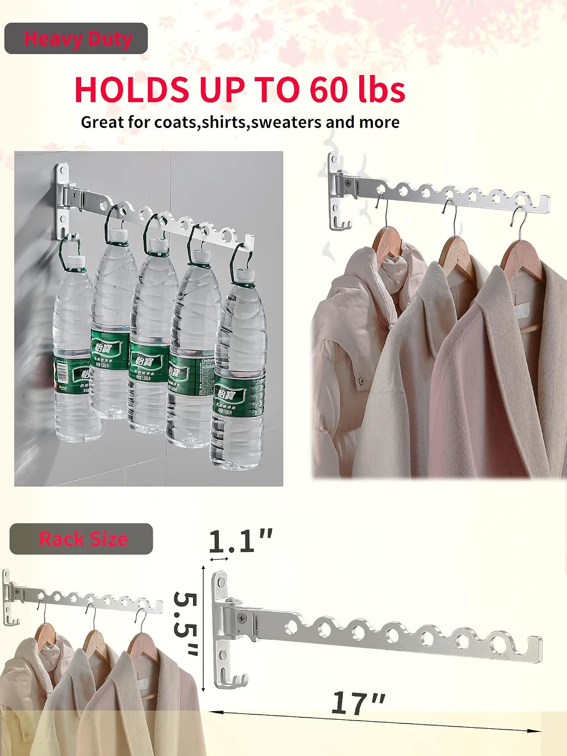 Dr.DJ Wall Mount Coat Hanger Holder Silver Clothes Drying Organizer Rack Garment Hooks Aluminium Retractable Folding Indoor Wall Mounted Hanger Space Saver for Laundry Room Bedroom (2 Racks) Silver