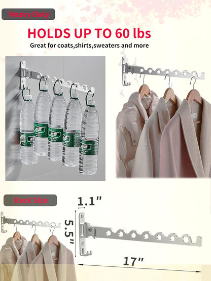 Dr.DJ Wall Mount Coat Hanger Holder Silver Clothes Drying Organizer Rack Garment Hooks Aluminium Retractable Folding Indoor Wall Mounted Hanger Space Saver for Laundry Room Bedroom (2 Racks) Silver