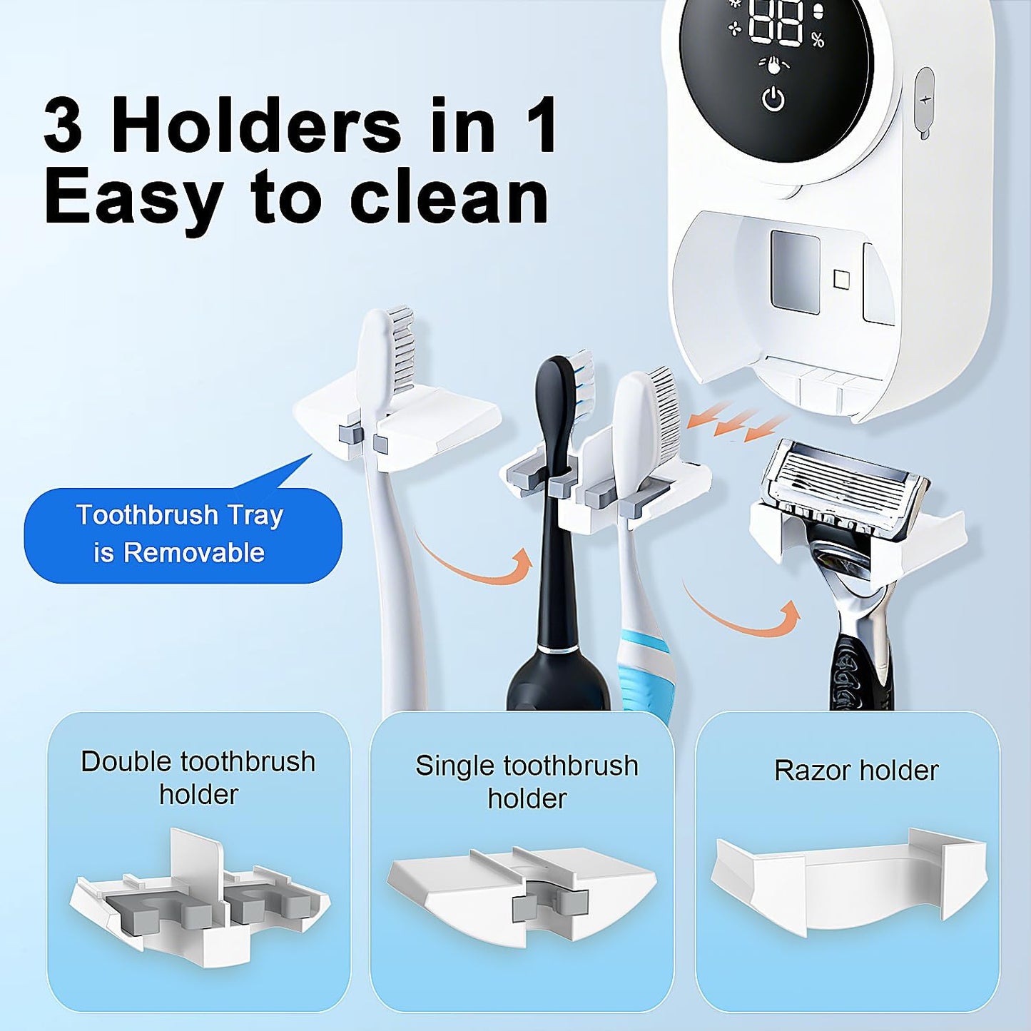 Toothbrush Holder and Cleaner Razor Holder/Dryer Light Cleaning and Air Drying Automatic Ratating Cover Rechargeable Wall Mounted for Bathroom Portable for Trip