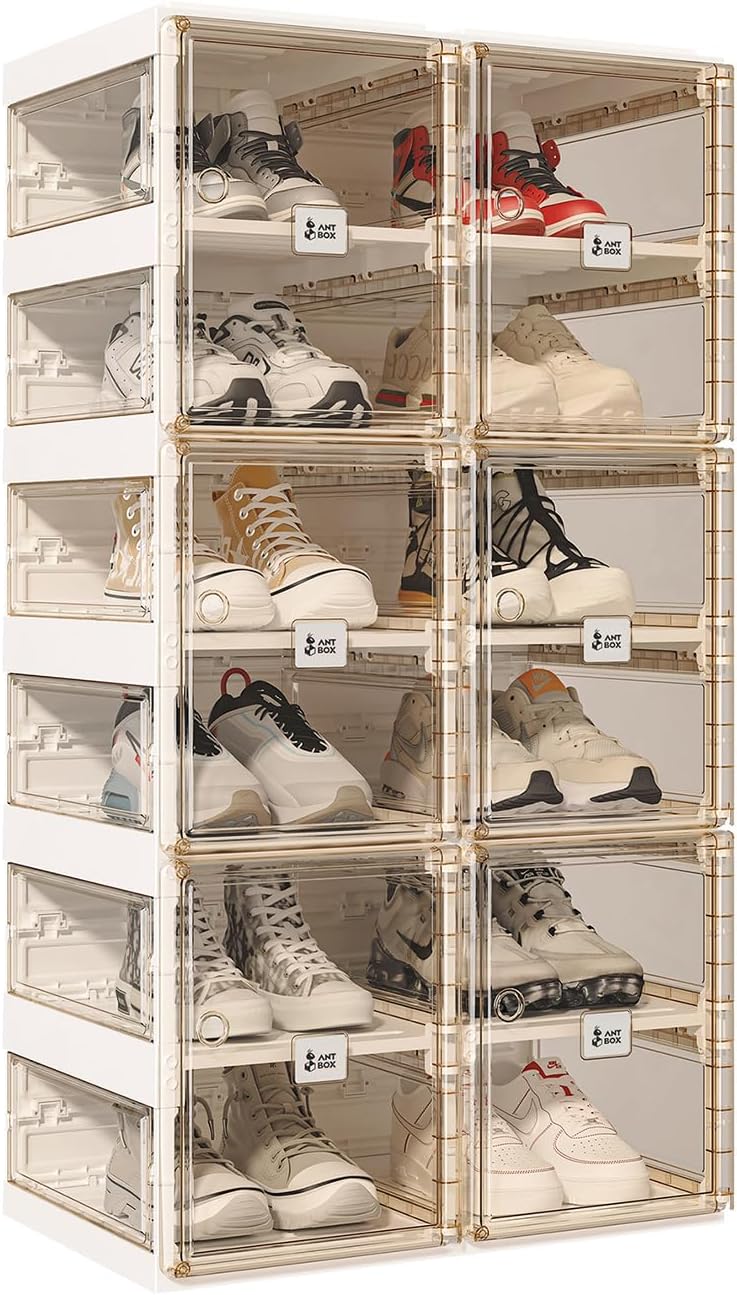 ANTBOX Collapsible Shoe Boxes Clear Plastic Stackable, Quick Setup Drop Front Shoe Organizer, Display Storage Cabinet for Sneakers10 Tiers 20 Pairs