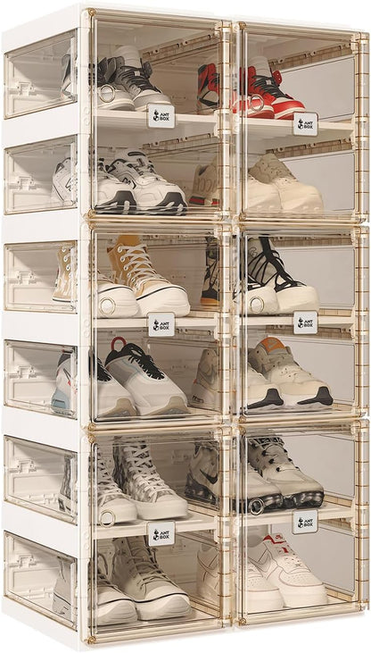 ANTBOX Collapsible Shoe Boxes Clear Plastic Stackable, Quick Setup Drop Front Shoe Organizer, Display Storage Cabinet for Sneakers10 Tiers 20 Pairs