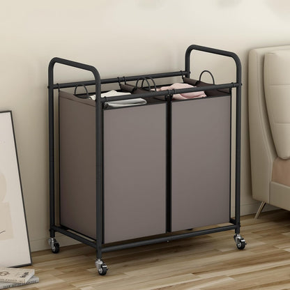 SUOERNUO Laundry Sorter Basket 2 Bag Laundry Hamper Cart with Rolling Lockable Wheels and Removable Bags Laundry Organizer Cart for Clothes Storage, Assorted