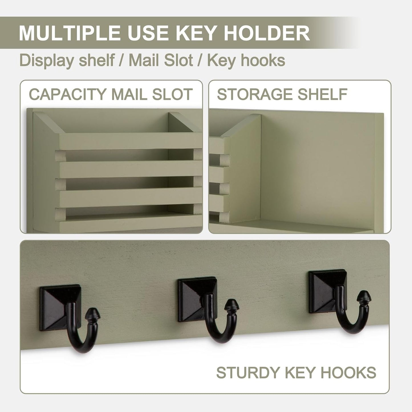 Key Holder Wall Mount, Mail Organizer for Wall with 5 Square Rustic Key Hooks Key Shelf Farmhouse Home Decor for Entryway