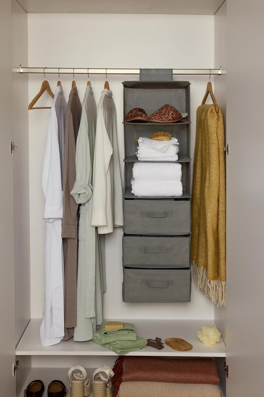 Amazon Basics 6-Tier Hanging Closet Shelf Organizer with Pockets, Clothes Storage for Sweaters and Clothing, 12" W x 9" L x 8.5" H, Grey | Organizer