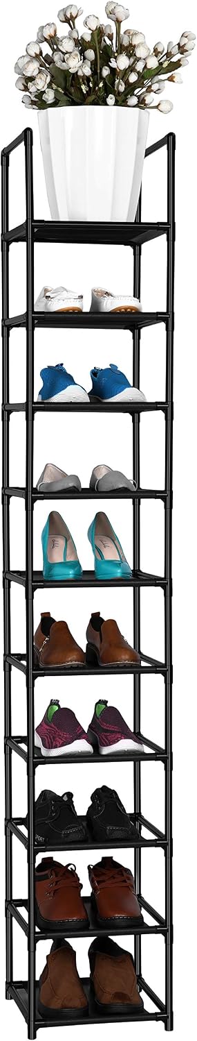 FIDUCIAL HOME 10 Tiers Vertical Shoe Rack 10 Pairs Skinny Shoe Shelf | Tall Narrow Space Saving for Entryway Closet, Easy to Assemble, 11"L x 11"W x 68.8"H