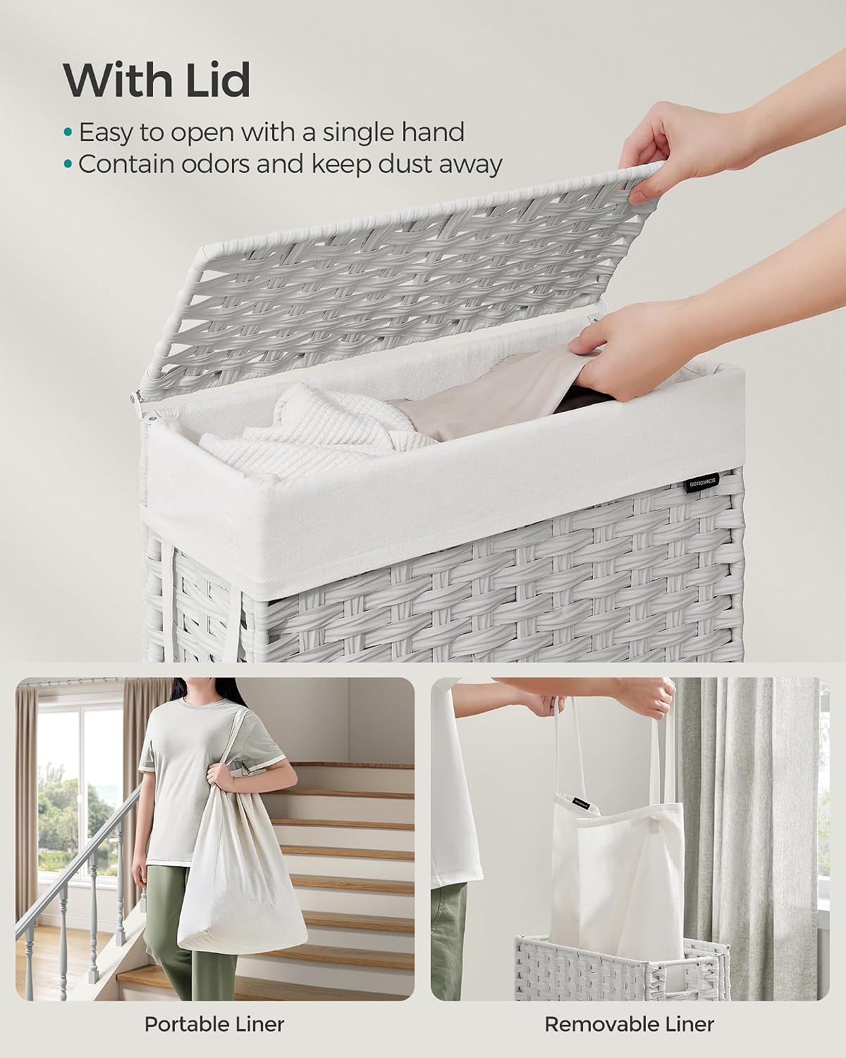 SONGMICS Laundry Hamper with Lid, 23.8 Gallon (90 L) Synthetic Rattan Clothes Laundry Basket with Lid and Handles, Foldable, Removable Liner, Chestnut Brown ULCB051K02