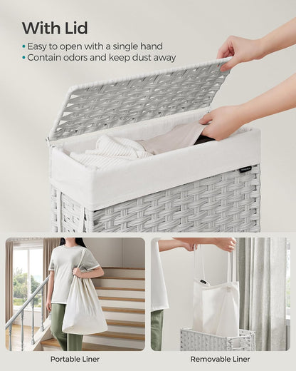 SONGMICS Laundry Hamper with Lid, 23.8 Gallon (90 L) Synthetic Rattan Clothes Laundry Basket with Lid and Handles, Foldable, Removable Liner, Chestnut Brown ULCB051K02