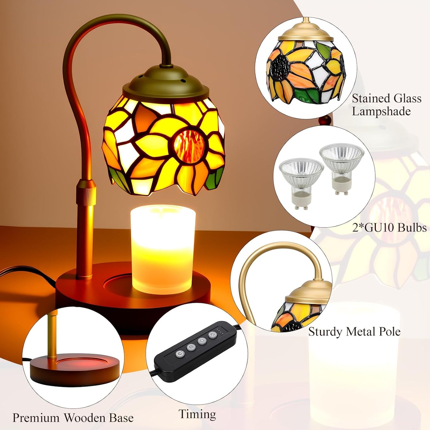 Candle Warmer Lamp with Timer Dimmer - Height Adjustable Wax Melt Warmer for Jar Candles, Blown Art Glass Candle Warming Lamp with 2 Bulbs Birthday Gifts for Mom Women Candle Holders for Home Decor