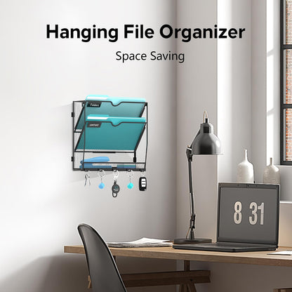 5 Tier Wall File Organizer - Hanging File Organizer with 5 Hooks, Mail Holder Wall Mounted for Papers, Folders, Magazines, Bills, Office&School Organization, Black