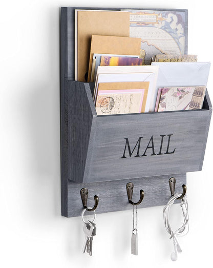 DLQuarts Mail Organizer with Key Holder for Wall, Mail Sorter Wall Mounted, Decorative Wooden Key and Mail Holder with 3 Hooks, Black