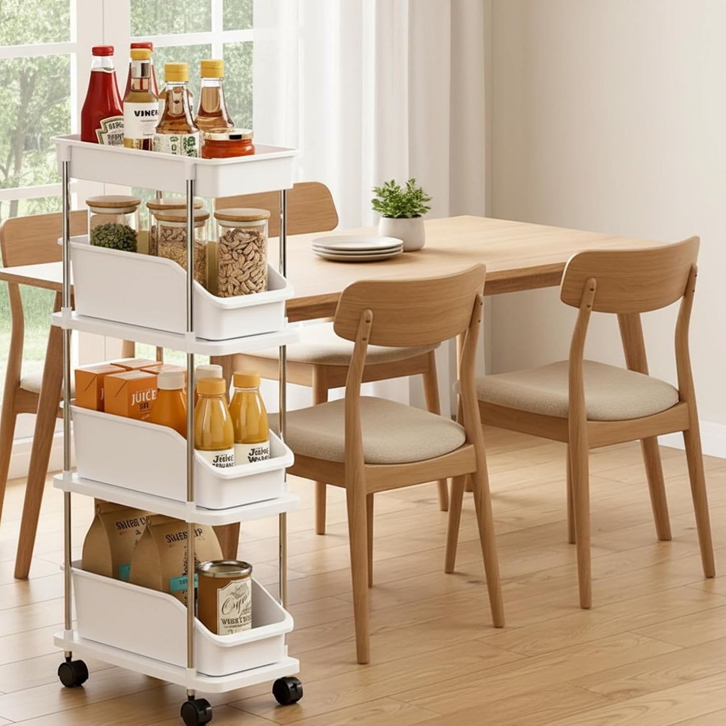 Slim Storage Cart 3 Tier Slim Rolling Utility Cart with Pull-Out Baskets & Wheels for Narrow Space in Kitchen Dining Room Bathroom Laundry Room Cream White (Width 6.3 Inches)