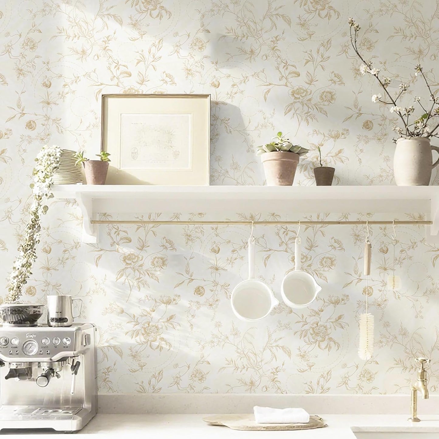 Dimoon 17.3''x78.7'' Vintage Peel and Stick Wallpaper Boho Beige Neutral Contact Paper White Floral Bird Wallpaper Removable Botanical Renter Friendly Modern Wall Paper Bedroom Bathroom Vinyl Roll