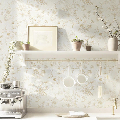 Dimoon 17.3''x78.7'' Vintage Peel and Stick Wallpaper Boho Beige Neutral Contact Paper White Floral Bird Wallpaper Removable Botanical Renter Friendly Modern Wall Paper Bedroom Bathroom Vinyl Roll