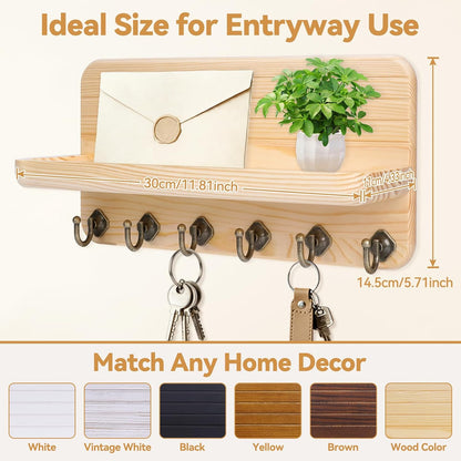 Key Holder for Wall, Mail Organizer Wall Mount with 6 Hooks Wooden Hanging Key Rack for Home Decor, Hallway, Entryway (Brown)