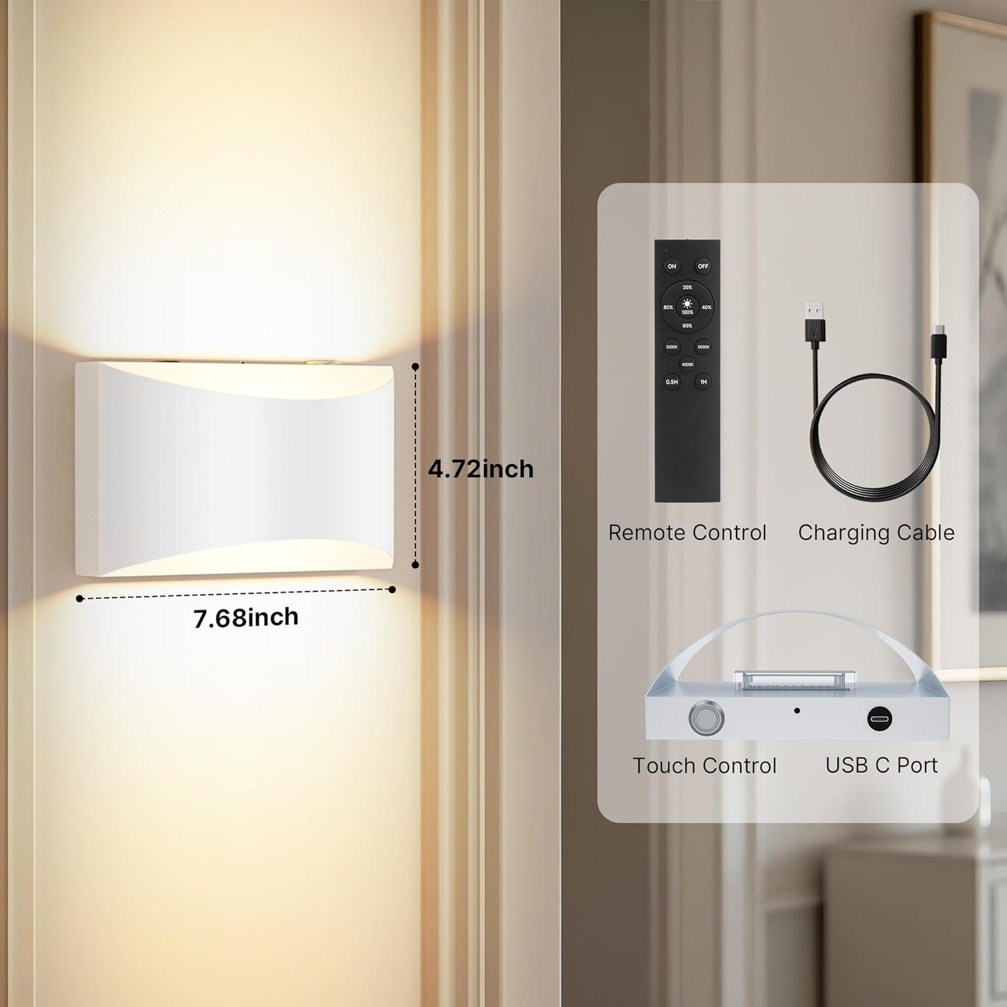 FOLKSMATE Battery Operated Wall Sconces Set of 2, 8000mAh Rechargeable Remote & Touch Control Wall Lamps, 3 Color Temperatures, Timer Dimmable Light for Bedroom, Living Room, Hallway