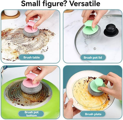 Stainless Steel Wool Scrubber with Handle Removable Cleaning Brush Heavy Duty Dish Scrubber for Cleaning Cast Iron, Dishes, Kitchen Pots, Pans, Grills, Stoves, Sink
