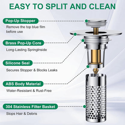 Bathroom Sink Drain Strainer,Universal Pop-Up Sink Stopper Hair Catcher, Anti-Clog Stainless Steel Drain Filter Basket, Removable Sink Drain for Bathroom Sink Stopper (Ysilver-2（with Buckle）)