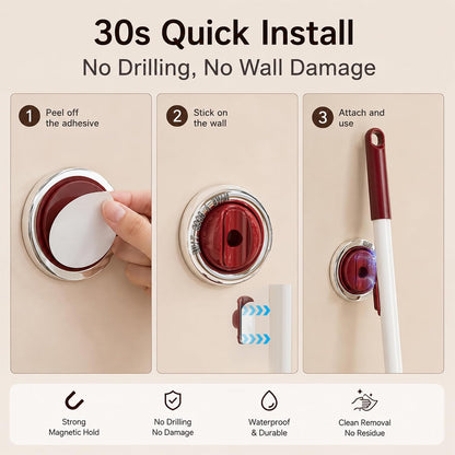 3Pcs Multi-Purpose Magnetic Drill-Free Wall Hooks, Clothes Drying Pole & Electric Toothbrush Storage Holder, Rust-Resistant Mop Organizer for Bathroom Balcony Laundry Room