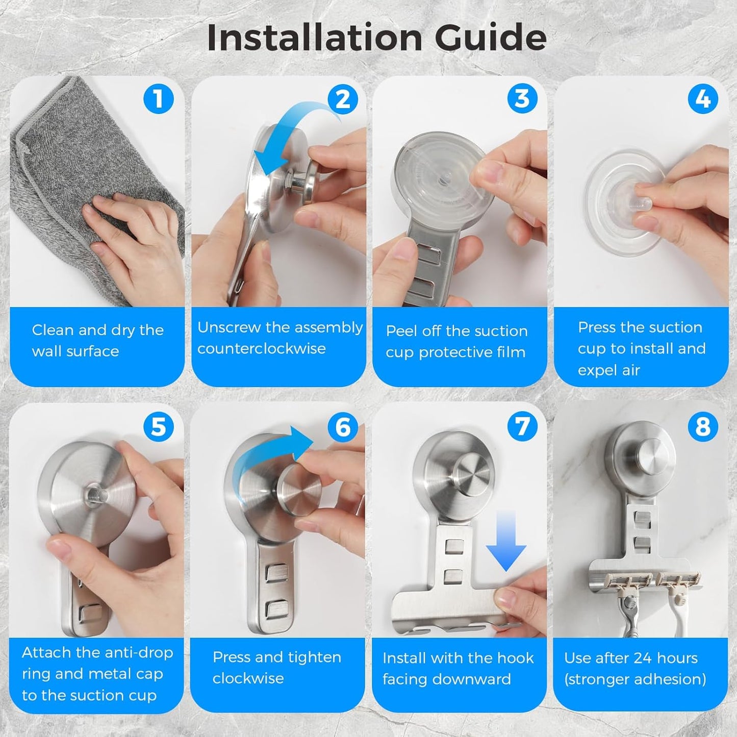 Suction Cup Razor Holder for Shower - 2 Pack | Damage-Free Wall Hooks for Towel, Loofah & Shaver | Easy Install & Reusable Suction Hooks | Stainless Steel Bathroom Organizer
