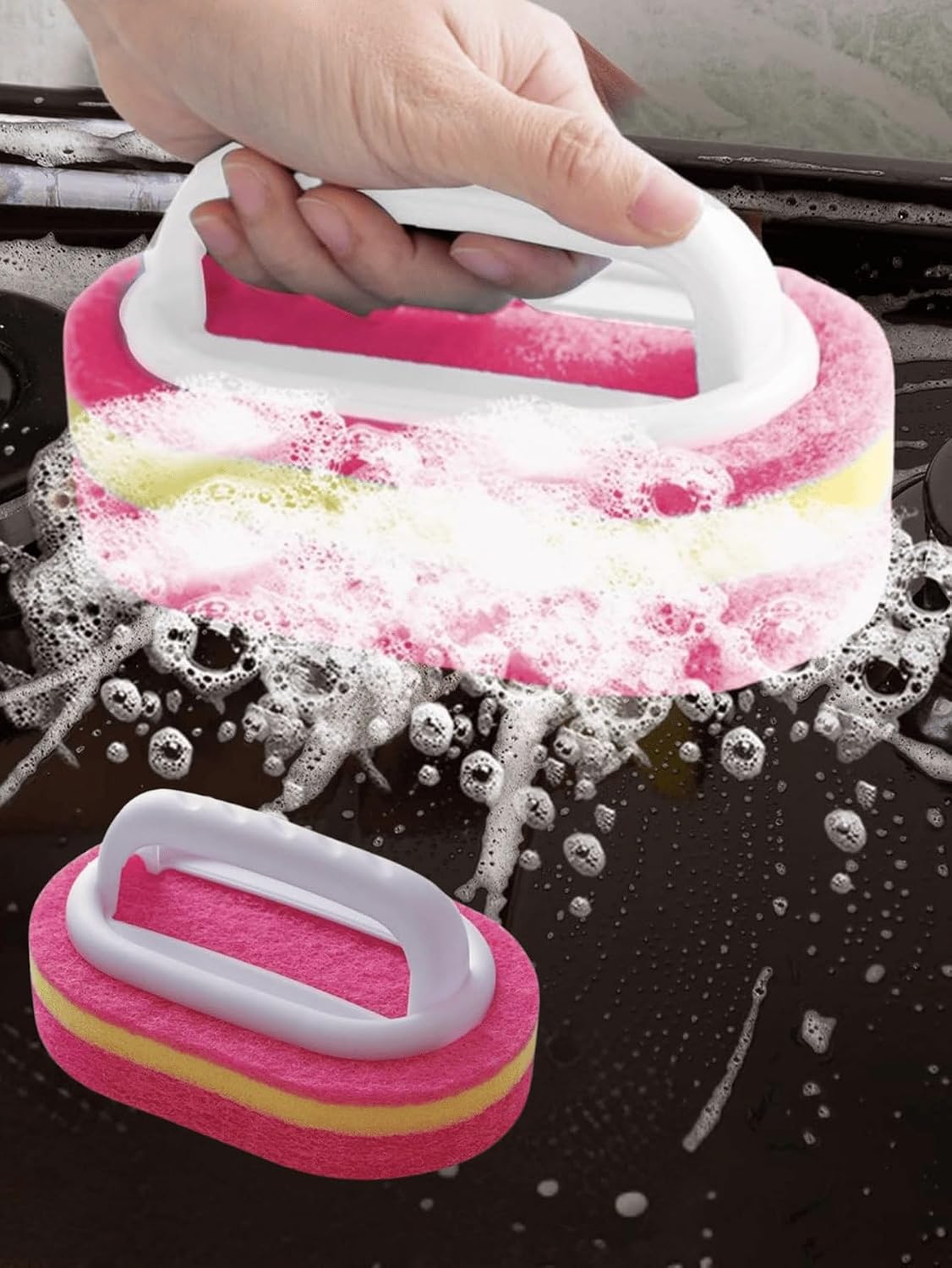 Ergonomic Long Handle Sponge Brush Set Durable Scouring 3 Pack Pad Shower Scrubber for Bathroom Bathtub Tile Grout Kitchen Sink Pot Cleaning Tool Non Scratch Heavy Duty Wand (Hot Pink)
