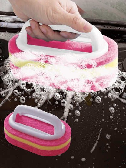 Ergonomic Long Handle Sponge Brush Set Durable Scouring 3 Pack Pad Shower Scrubber for Bathroom Bathtub Tile Grout Kitchen Sink Pot Cleaning Tool Non Scratch Heavy Duty Wand (Hot Pink)