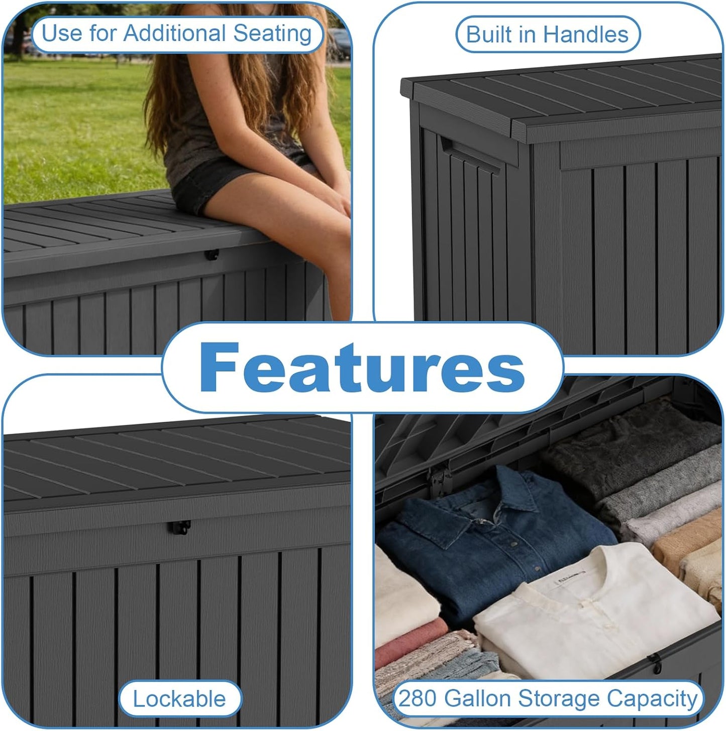 Outdoor Waterproof Resin Storage Deck Box Lockable Outside Bench UV Resistant Bin Patio Porch Furniture Pool Float Garden Tool Cushion (Black, 85 Gallon)