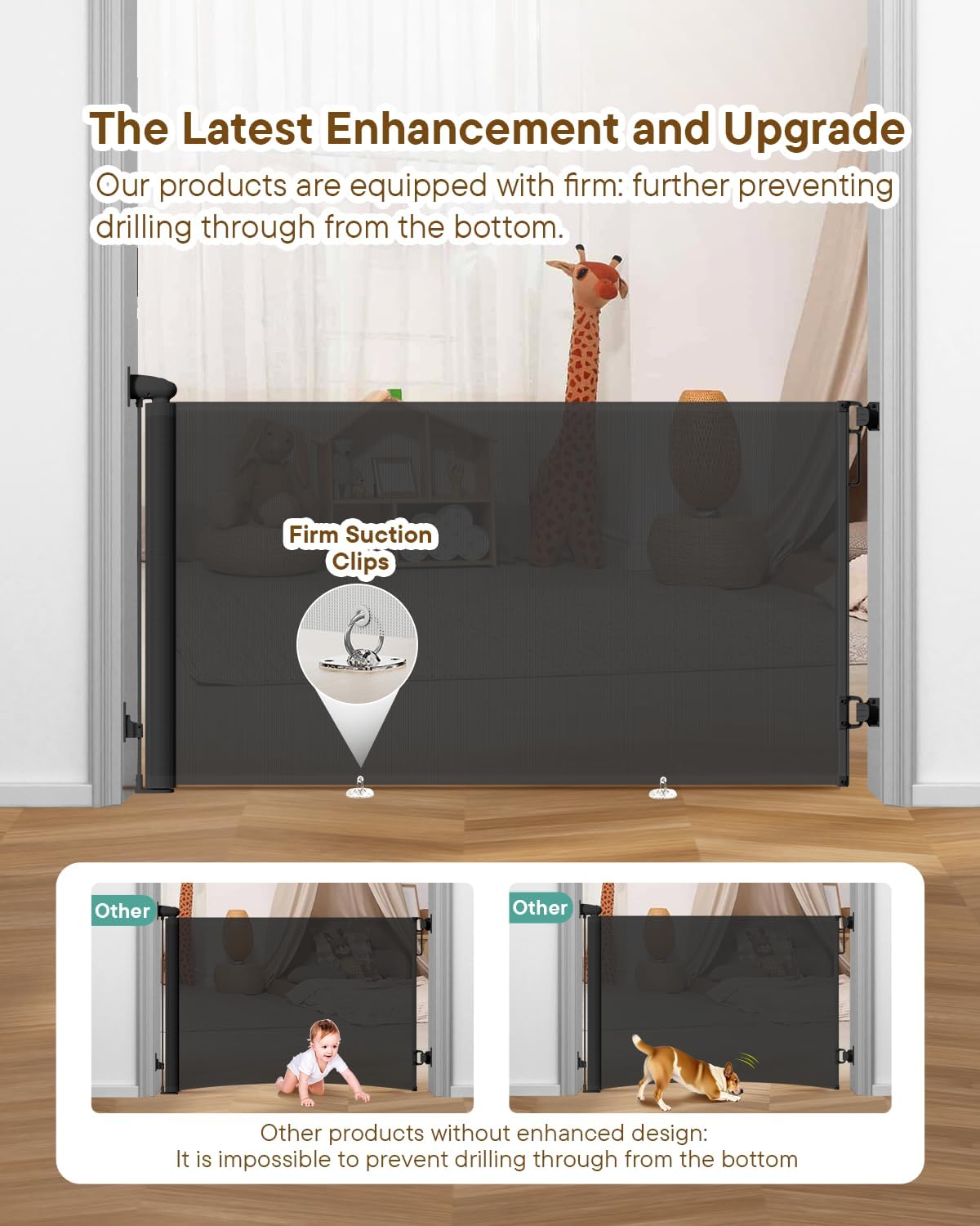 Retractable Baby Gate - 55" Wide Mesh Pet Gate with Anti-Crawling Hook, Safety Lock, One-Hand Operation, 34" Tall Baby Gate for Stairs, Doorways, Hallways, Garage, Indoor Outdoor, Black