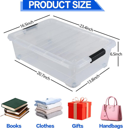 Hespama 3 Pack Plastic Rolling Storage Box Bin for Under the Bed, 20 Quart | Lidded Storage Container Bin, Clear