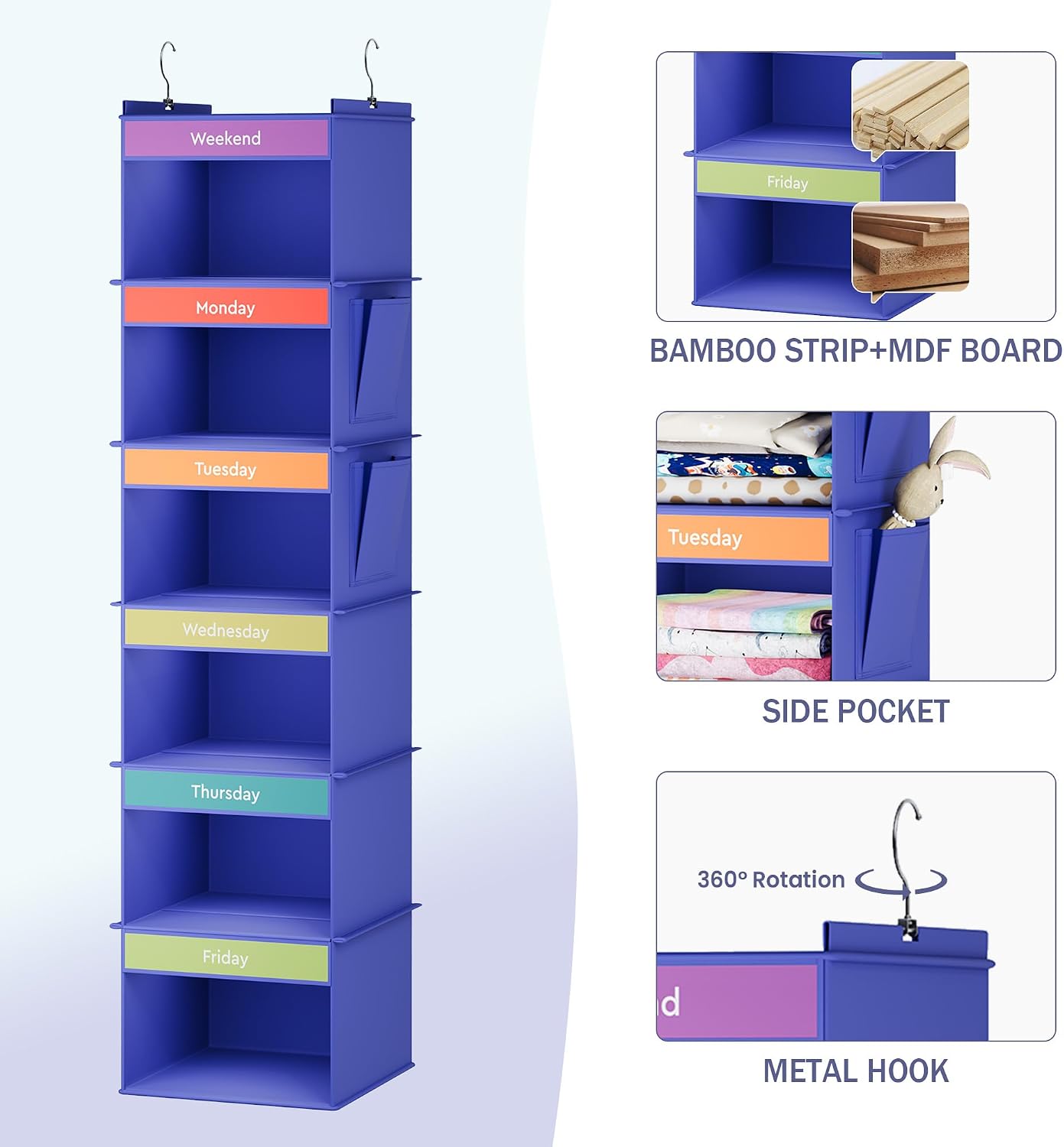 YOUDENOVA 6-Shelf Weekly Hanging Closet Organizer, Weekly Clothes Organizers for Kids with 2 Side Pockets, Pink