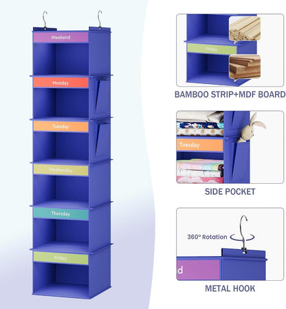 YOUDENOVA 6-Shelf Weekly Hanging Closet Organizer, Weekly Clothes Organizers for Kids with 2 Side Pockets, Pink