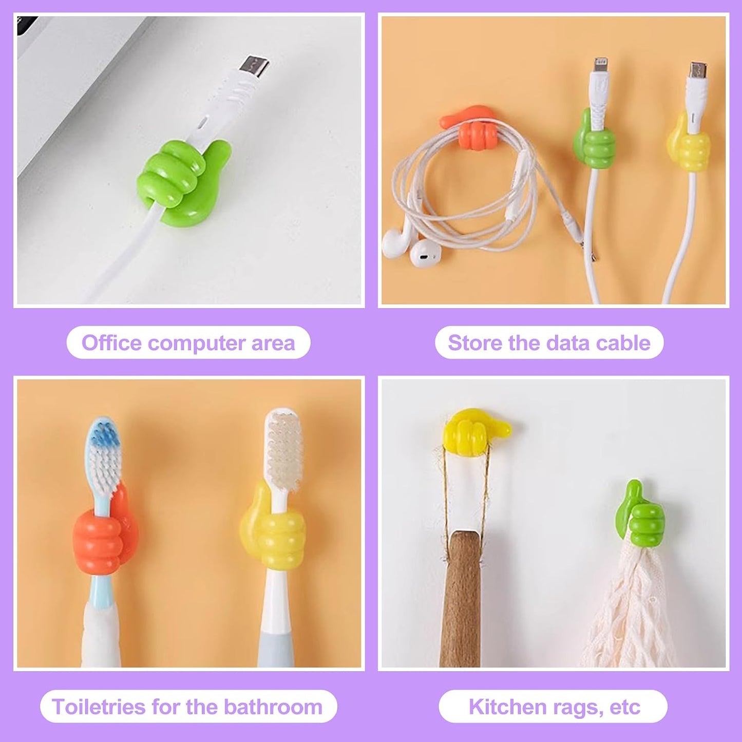 32 Pack Thumbs Up Wall Hooks, Self-Adhesive Silicone Clips for Cable Management, Key Holder, Desk Organizer, Fun Decorative Hooks for Office and Home