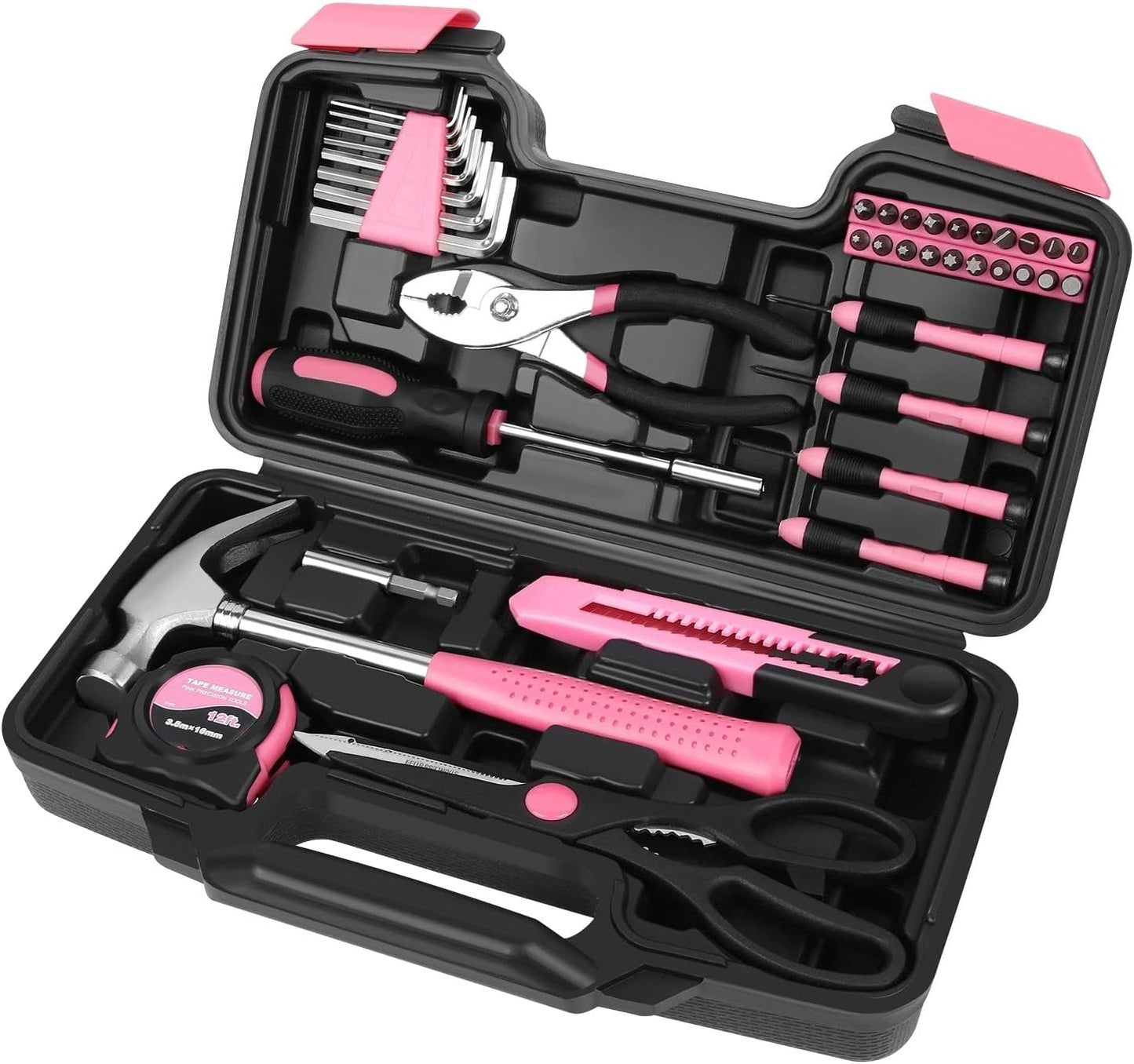 Flexzion 39 Piece Hand Tool Kits with Case - Compact Tool Kit for Handyman, Homeowners DIY - Household Tool Kit for Home with Portable Basic Tool Set Case, Pink