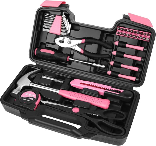 Flexzion 39 Piece Hand Tool Kits with Case - Compact Tool Kit for Handyman, Homeowners DIY - Household Tool Kit for Home with Portable Basic Tool Set Case, Pink