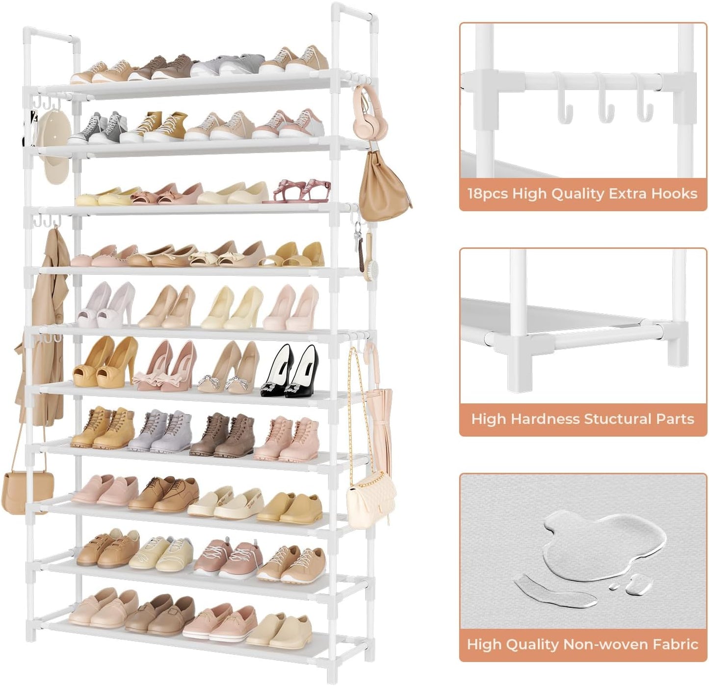 LANTEFUL 10 Tiers Tall Shoe Rack 20-25 Pairs Boots Organizer Storage Sturdy Narrow Shoe Shelf for Entryway, Closets with Hooks, Black