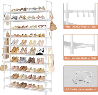 LANTEFUL 10 Tiers Tall Shoe Rack 20-25 Pairs Boots Organizer Storage Sturdy Narrow Shoe Shelf for Entryway, Closets with Hooks, Black