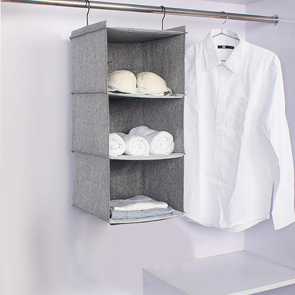 Hanging Closet Organizer 3-Shelf, Oxford Fabric Wardrobe Storage, Gray | Easy-mount foldable design holds clothes, handbags, shoes & accessories; washable Oxford fabric, sturdy and space-saving.