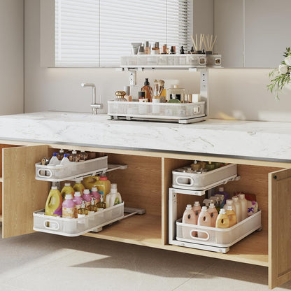 2 Pack Under Sink Organizer With Smooth Cylindrical Rail,2-Tier Pull Out Multi-Purpose Cabinet Storage for Bathroom&Kitchen,Height Adjustable,Rust-resistant Coating-White