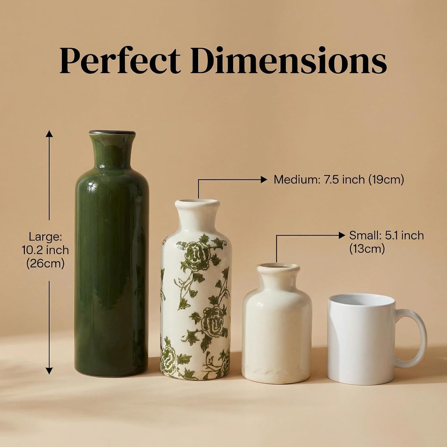 Ceramic Vase Set of 3 with Handles, Green White Neutral Rustic Modern Farmhouse Boho Decor, Versatile as Table Centerpiece or Mantel & Shelf Accent - Unique Home Gift Idea