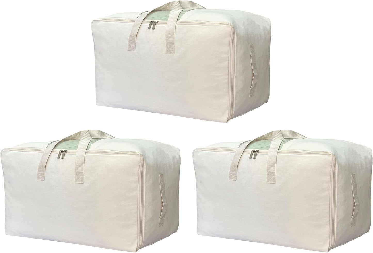 DoYiKe Soft Large Canvas Storage Bags with Zipper and Clear Window, Cotton Linen Storage Organizer for Pillows, Quilt, Blankets and Comforter, 80L, 4 Pack, Beige