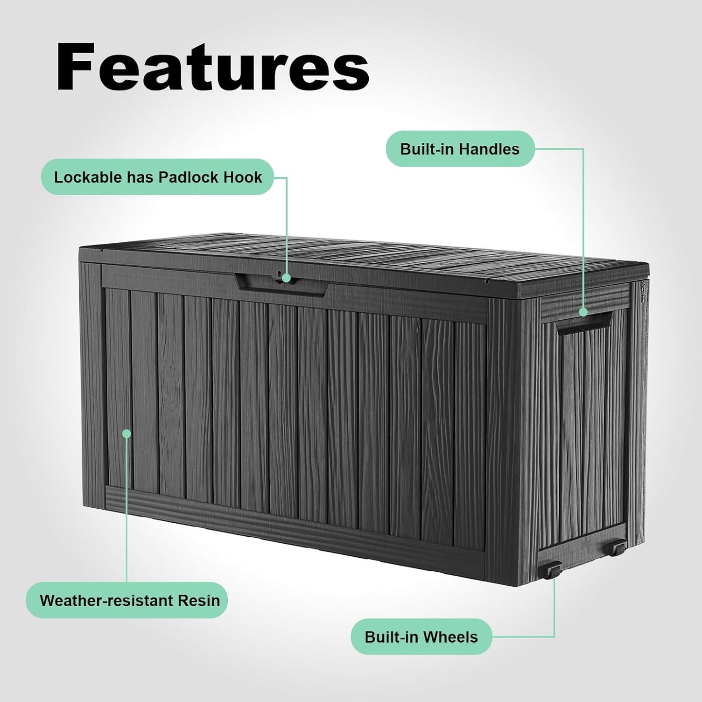 Outdoor Waterproof Resin Storage Deck Box Lockable Outside Bench UV Resistant Bin Patio Porch Furniture Pool Float Garden Tool Cushion (Black, 85 Gallon)