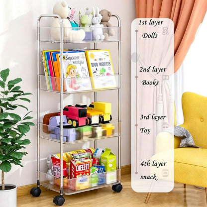 4-Tier Plastic Rolling Utility Cart with Wheels, Multifunctional Storage Organizer Cart for Home, Office, Kitchen & Bathroom, Ultra Narrow & Clear, 4.7”W * 12.8”L * 33”H