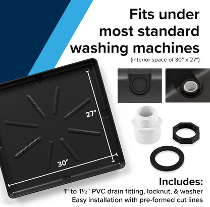 Camco Washing Machine Drain Pan - Features a Durable Plastic Construction, 1-inch/1.5-inch PVC Drain Fitting, and Measures 30-inches (L) x 32-inches (W) x 2 ½-inches (H) (OD) (20750)