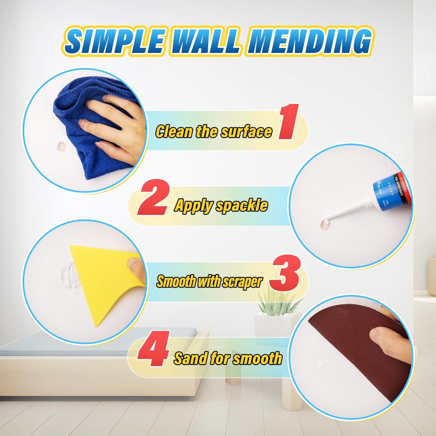 DIYSELF 9 Pack Drywall Repair Kit, Surface Repair Kit, Spackle Wall Repair, 2×100g (7oz Total) Putty, White Drywall Mud, Plaster for Holes, Cracks, Gaps, Fast-Drying Hole Filler with Scraper, Sander