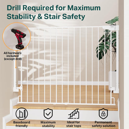 Cumbor 29.2–43" Baby Gate for Stairs, Hardware Mounted (Drill Required), Expandable No Bottom Bar Dog Gate, Auto Close Extra Wide Walk Thru, Pet & Toddler Proof Gate, Top & Bottom of Stairways (White)