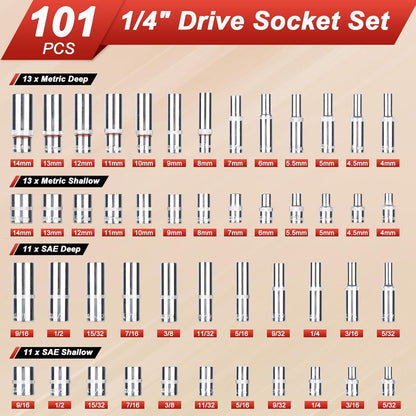 Egofine 46 Pieces 1/4 inch Drive Socket Ratchet Wrench Set, with Bit Socket Set Metric and Extension Bar for Auto Repairing and Household, with Storage Case