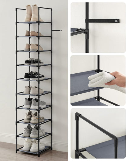 SONGMICS Shoe Rack, 10-Tier Shoe Shelf, Shoe Storage Organizer, 11 x 17.7 x 68 Inches, Metal Frame, Non-Woven Fabric Shelves, for Entryway, Bedroom, Black ULSH010B02